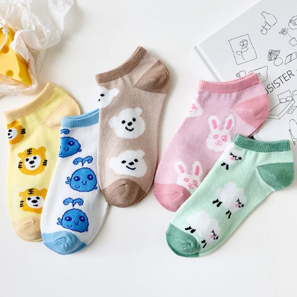 Ensemble de chaussettes pour femmes, fines, bleues, à carreaux, motif d'ours chat, Tube bas en coton, mignonnes chaussettes de sport pour filles, respirantes, d'équipage, Kawaii, printemps été: 07