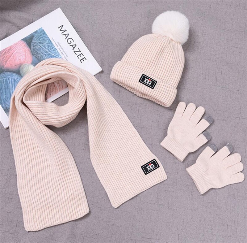 Barn vinter varm lue og skjerf votter babyen strikket lue 3 stk sett gutt jenter pom pom lue skjerf passer solide 0-2 alders år: Beige