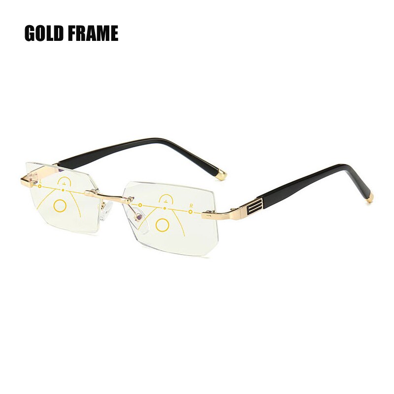 SOOLALA Rimless Progressive Glasses Multifocal Reading Eyeglasses Anti Blue Light Glasses Diamond Cutting Presbyopic Spectacles: Up 0 Down 150 / Gold Frame
