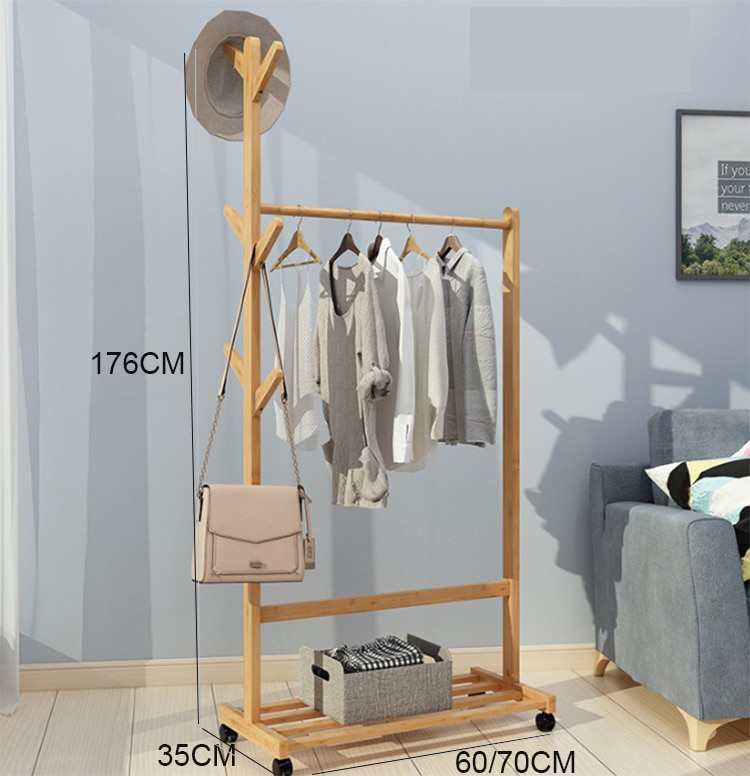 Solid Bamboo floor clothing rack with wheels hat rack bedroom furniture Coat Rack Simple Assembly Bedroom hanger