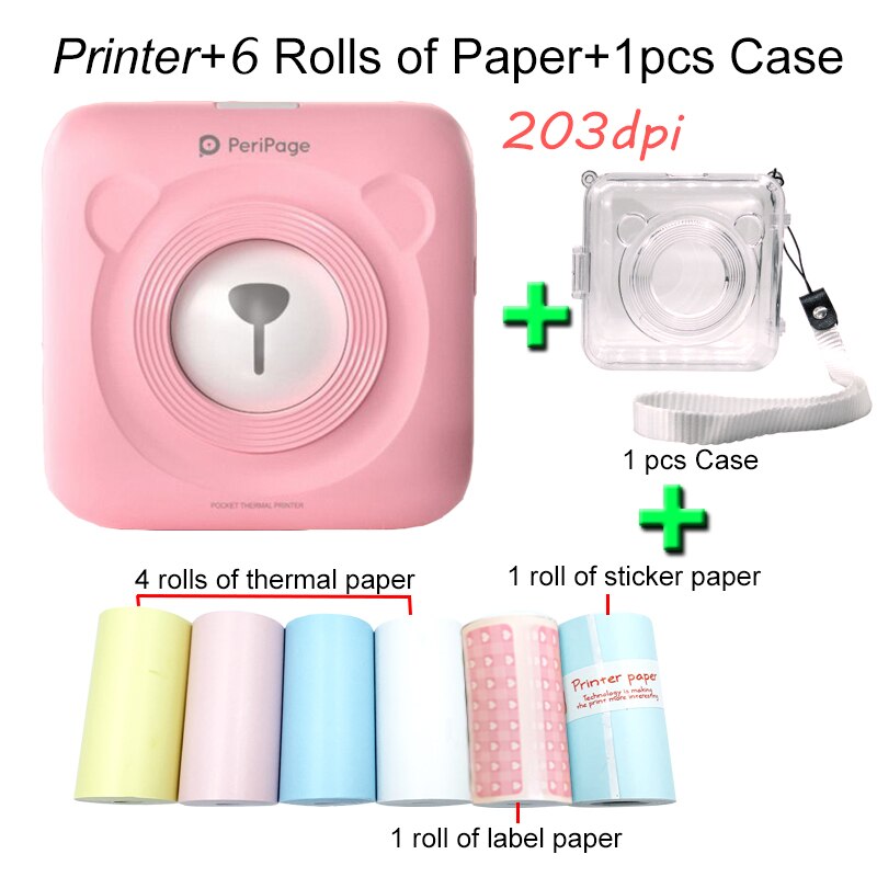 Peripage A6 Photo imprimante d'étiquettes thermiques Mini poche Portable autocollant imprimante impression sans encre pour téléphone Portable android iOS Windows: Pink 6 paper Case