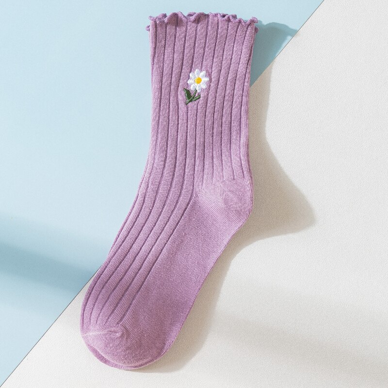 Women's Socks Middle Tube Cotton Socks Cute Flower Pattern Embroidery Girls Socks Fungus Edge College Style Daisy Pattern Socks: Purple