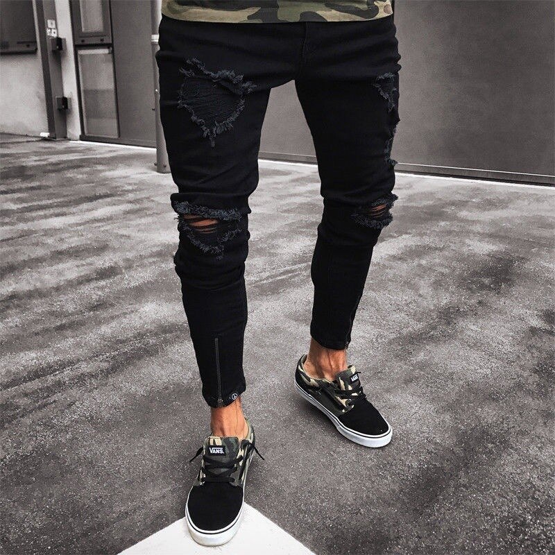 De chulo de los hombres de la elástico negro estilo ceñido inferior cremallera Jeans hombres ropa informal estilo Hip Hop rodilla agujero rasgado Jeans Biker: M