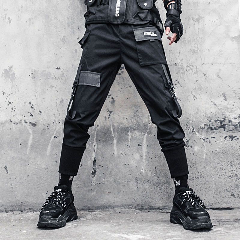 HOUZHOU-pantalones Cargo negros para hombre, ropa de calle japonesa, Hip Hop, gótico, cintas empalmadas