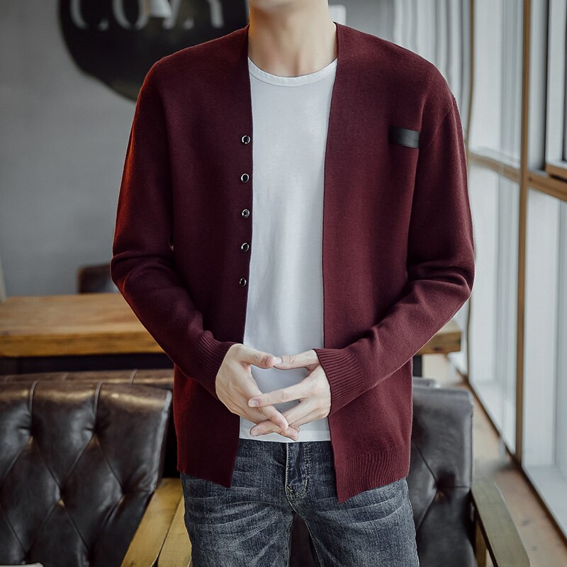 Casual cardigan stickat herr solid sjal tröja herr tunna kappor pull homme långärmade tröjor jackor toppar 3xl: Vin, röd / Xxxl