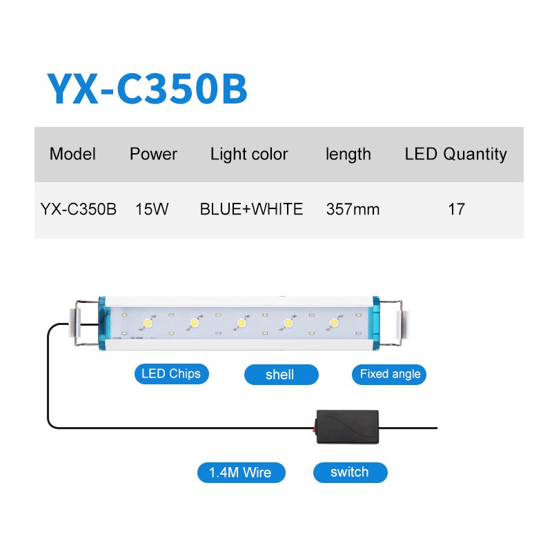 Super Bright Aquarium Light Fish Tank Plant Grow Lighting Aquarium Led Lighting 21-70CM Extensible Clip on Lamp For Fish Tank: YX-C350B