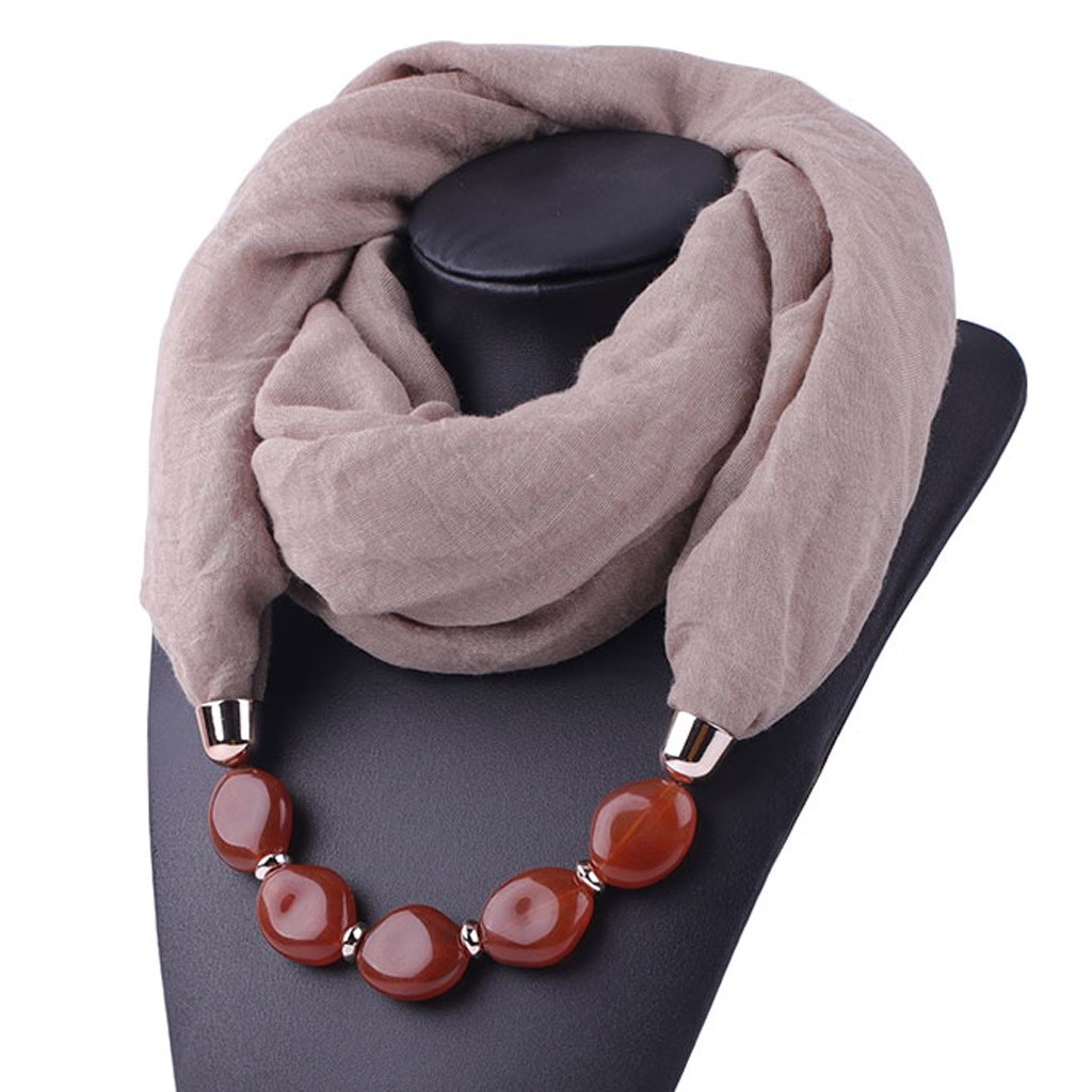 Collier de bijouterie décoratif multi-style | Collier en résine de perles, pendentif écharpe pour femmes, foulards de tête Hijab en coton lin doux, Echarpe # YJ Femme: Coffee 