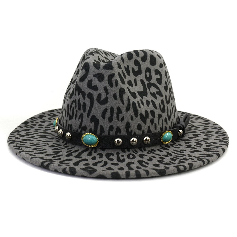 Qbhat unisex europeisk stil dam ull fedorahattar med turkos läder band bred brätte leopardmönstrad jazz filt hatt: Grå
