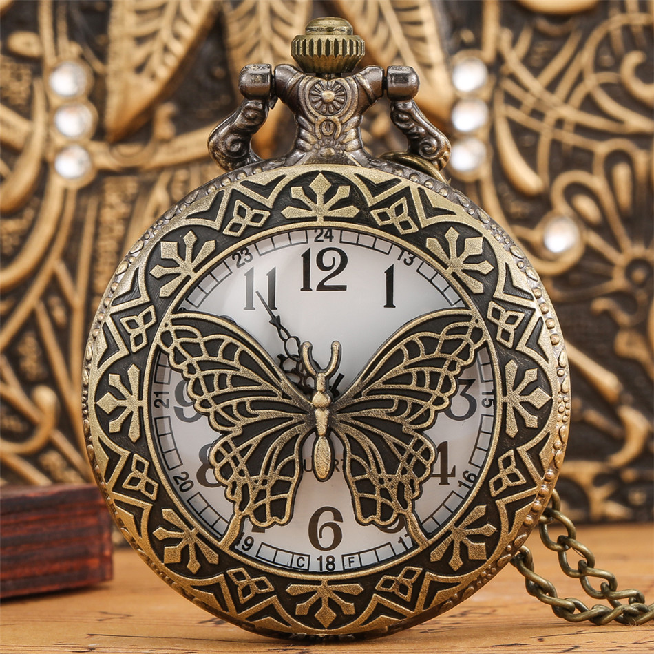 Hohl Bronze- Schmetterling Quarz Taschenuhr zur Seite fahren Kette Halskette Anhänger Antike Uhr Männer Frauen