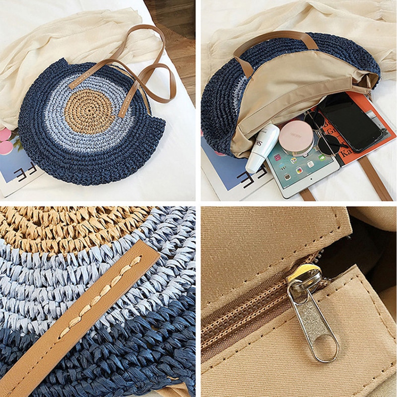 Round Ladies Straw Woven Bag Simple Shoulder Bag Beach Bag Large Capacity Handbag Women Bags Casual Tote Zipper