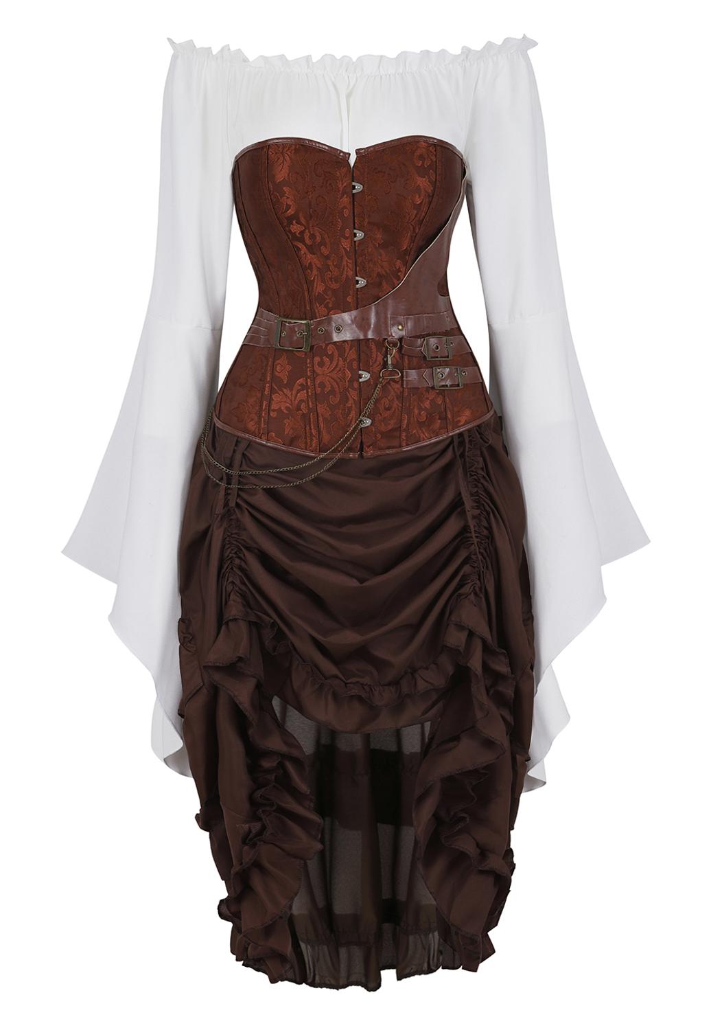 Corset with Pirate Skirt and Blouse Steampunk Leather Embroidery Bustier 3 Piece Carnival Party Costumes Cosplay Halloween