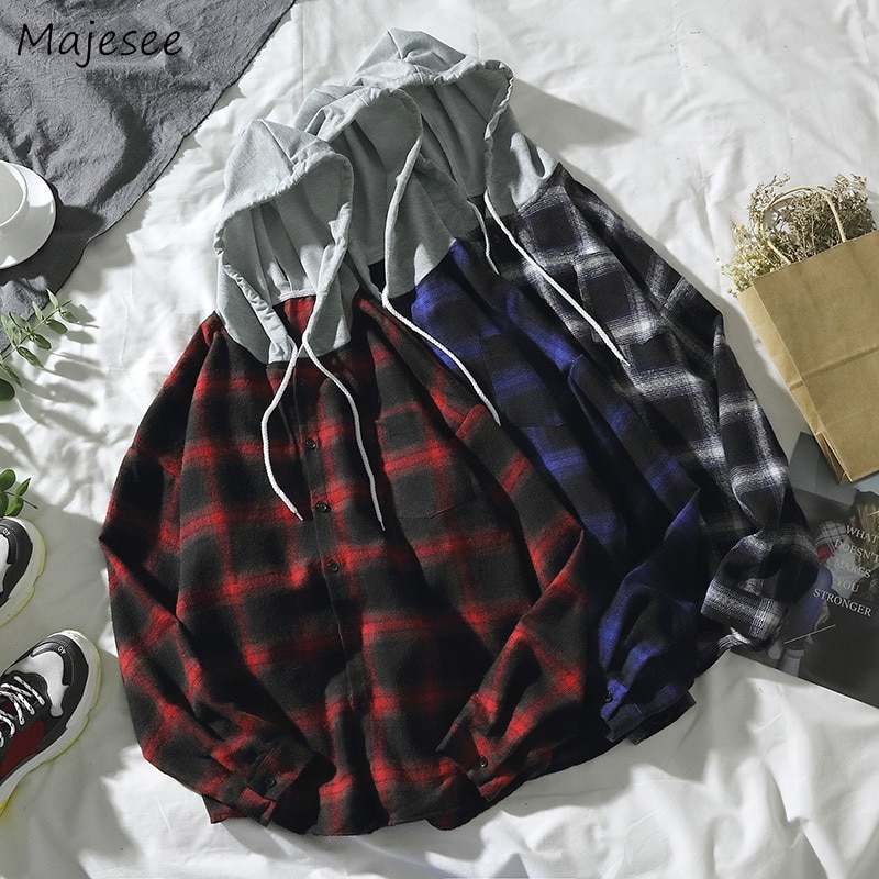 Skjorte herre tøj retro plus size herre skjorter lange ærmer plaid koreansk stil harajuku enkeltradet