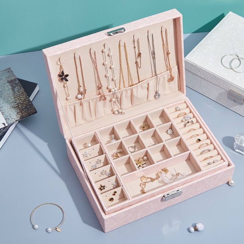 Dobbeltlags store kapacitet til opbevaring af smykker, smykkeskrin, øreringe, øreringe, ring, halskæde, smykkeskrin