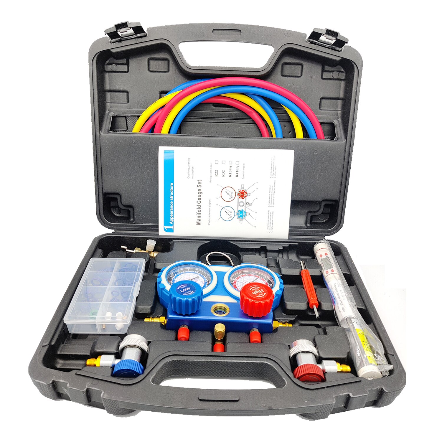 Manier Ac Gauge Set Ac Manometer Set Voor Auto R134A R407C R22 R404A Koelmiddel 3 Ventiel Automotive 5ft Slangen adapters Kan Tap