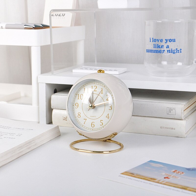 Europe Table Clock Metal Glass Alarm Clock Cute Mini Desk Watch with LUMINOVA Night Light Home Living Room Decoration