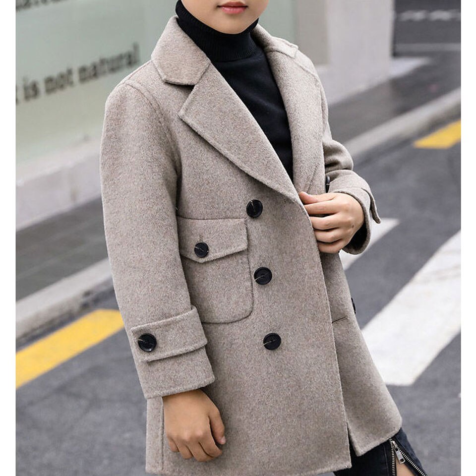 Herfst Winter Jongens Wollen Jassen Kinderen Double Breasted Jasje Turn-Down Kraag Plus Katoen Warme Dikke Kids Jongens bovenkleding