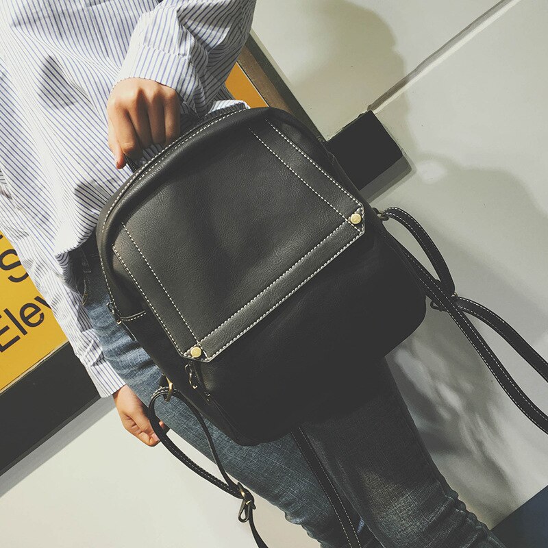 Woman Package Concise Both Shoulders Package Woman School Wind Bag Solid Color Pu Backpack: black