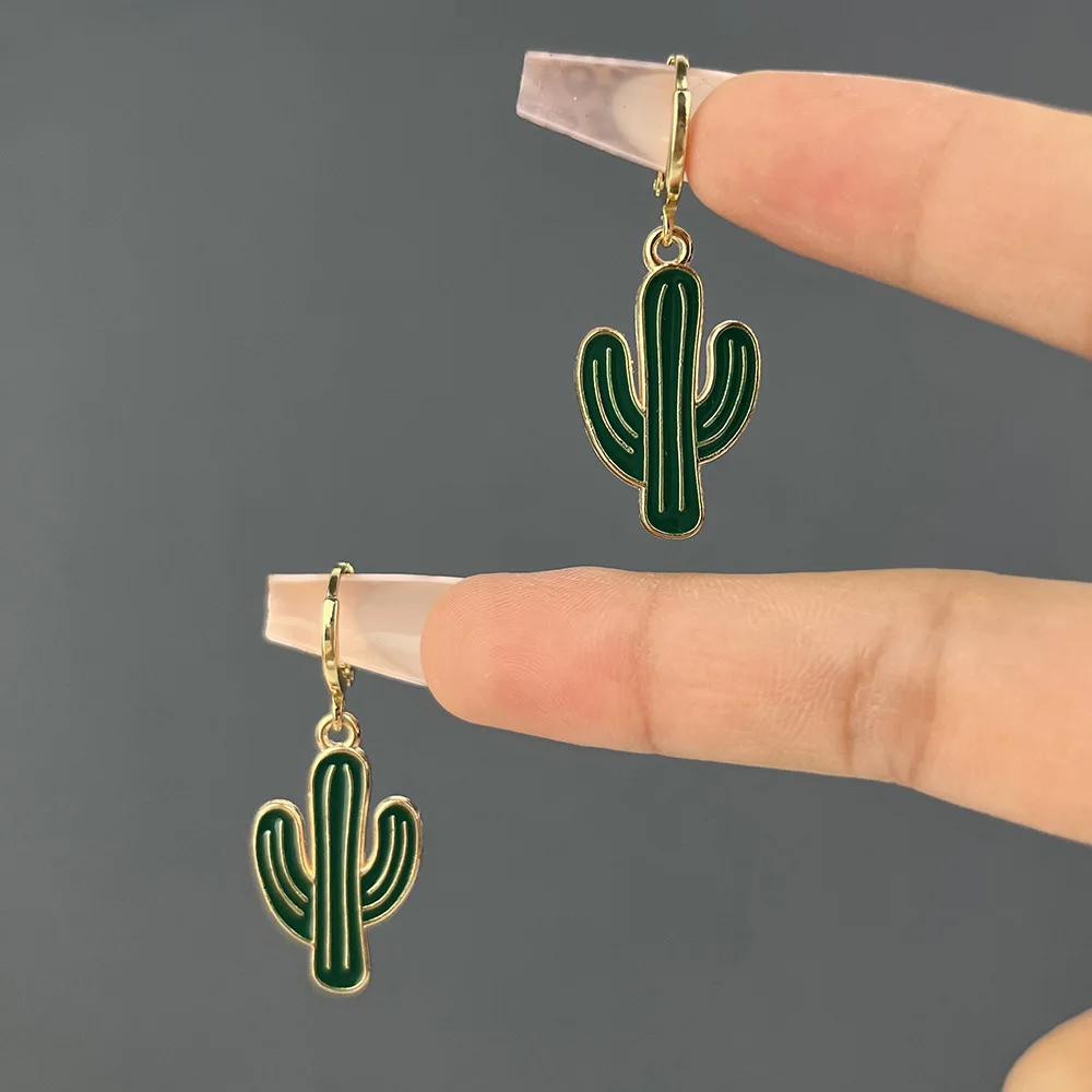 Pendientes de aro de Color dorado con forma de planta de Cactus y hoja esmaltada colorida para mujeres y niñas, pendientes Vintage bohemios con goteo de aceite, de joyería: Color dorado
