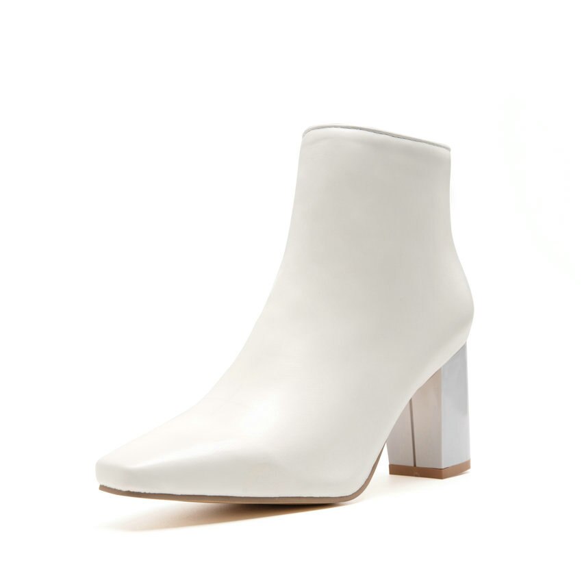 QUTAA Retro Karree PU Leder Concise Stiefeletten Square High Heel Zipper Alle Spiel Frauen Schuhe Große größe 34-43: WHITE / 6