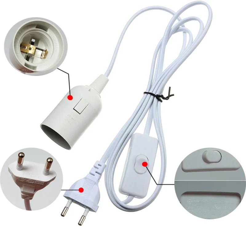 Portalámparas E27, luz colgante, cable de alimentación de 1,8 m, adaptador de enchufe UE/EE. UU. con cable de interruptor, utilizado para fijar enchufes, blanco, negro