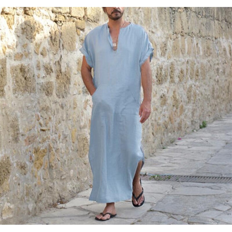 Saudi Arab Dubai Man Muslim Kaftan Thobe Middle East Turkish Islamic Traditional V-neck Jubba Robes Vintage Long Shirt: Color2 / XL