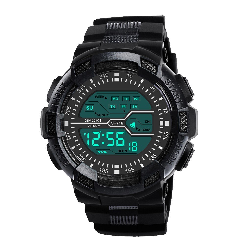 Reloj led deportivo multifuncional para adultos, resistente al agua, cronómetro Digital LCD, fecha, reloj de pulsera deportivo de goma: Black 