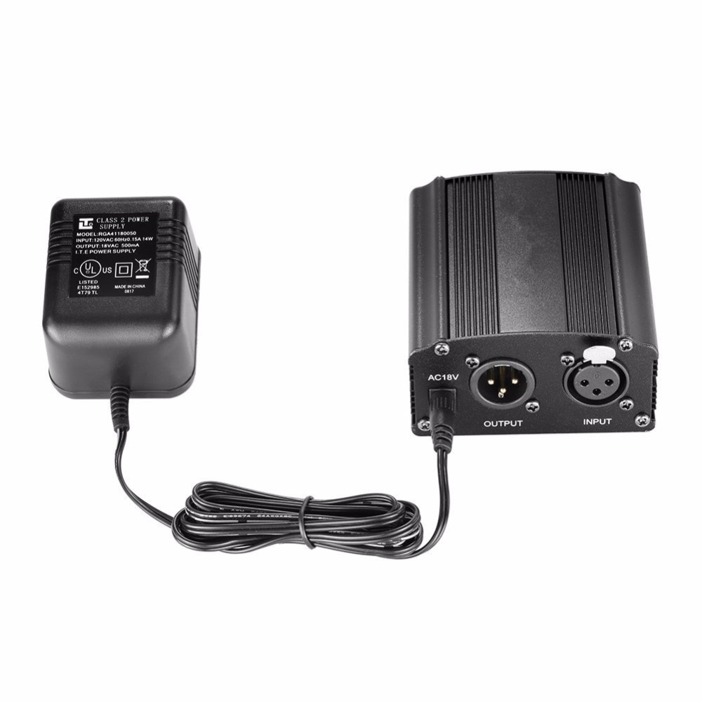 Fuente de alimentación Phantom de 1 canal de micrófono de 48V + adaptador AU US enchufe de la UE para cualquier micrófono condensador de grabación