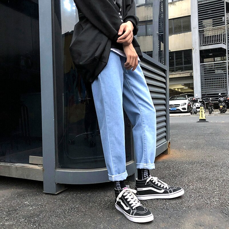Menn jeans solid enkel rett all-match ankellange dongeribukser herre løs fritid trendy koreansk stil street-wear ulzzang: K112- lyseblå / Xxxl