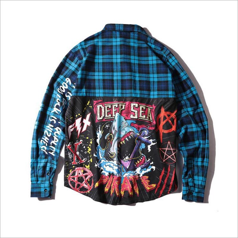 NAGRI Men Shirt casual Man Long Sleeve Hip-Hop printing Cardigan Tops Mens Plaid Casual Shirt Streetwear