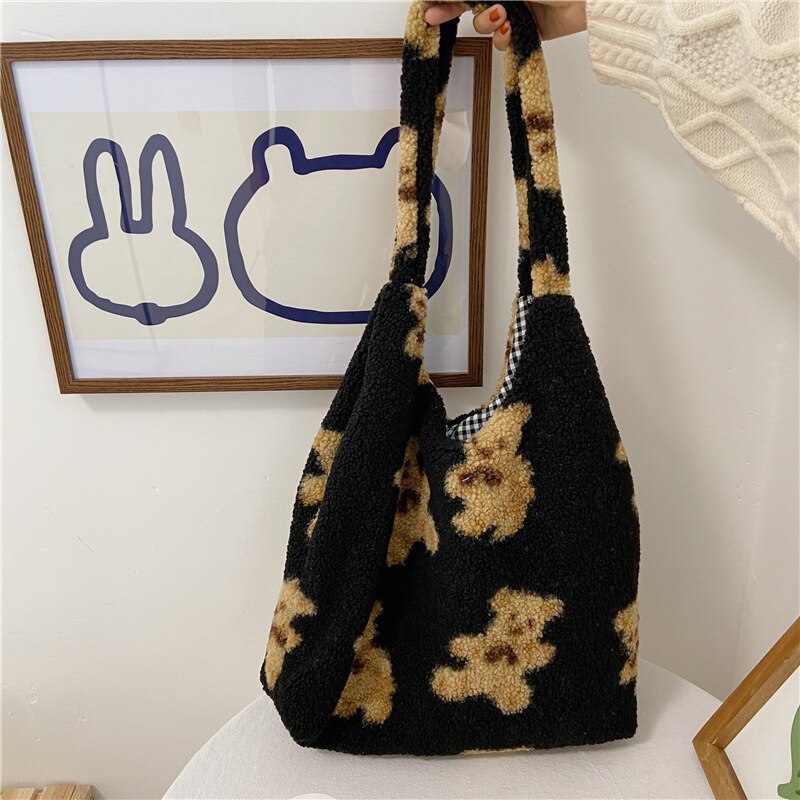 Bont shopper schoudertas grote pluche winter shopping handtas voor vrouwen eco shopper tassen portemonnees: Zwart
