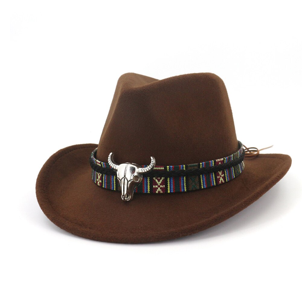 Sombrero de vaquero occidental para hombre y mujer, gorro de ala ancha con banda para la cabeza de vaca, estilo Pop Jazz, de lana, de invierno, tamaño 56-58CM
