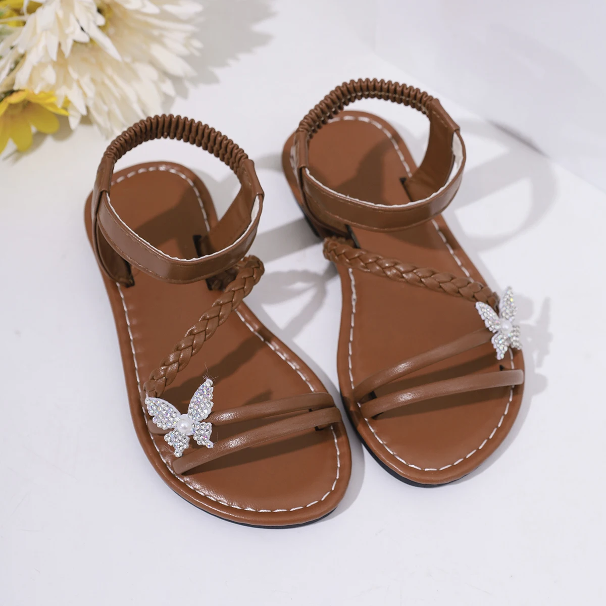 Sandalias cómodas de tejido marrón para niña con lazo de diamantes de imitación, bonitos zapatos de princesa para calzado infantil