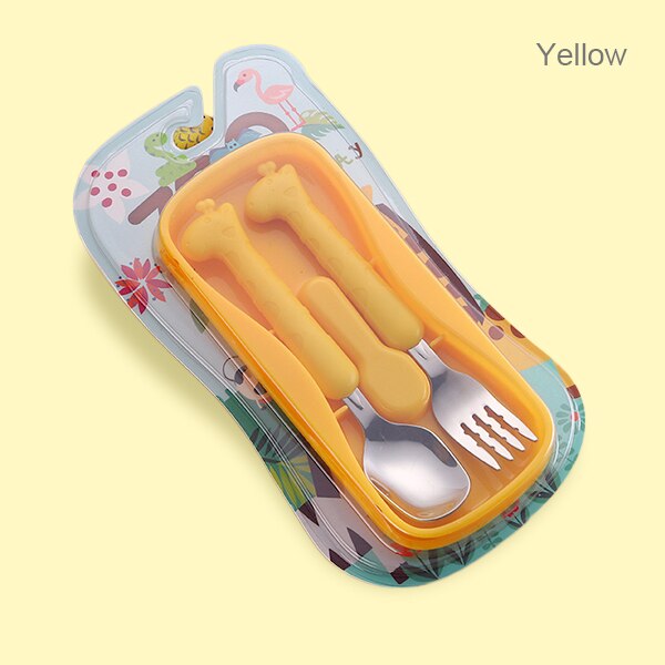 Beeshum Infant Feeding Spoon Fork Baby Gadgets Tableware Set Children Cartoon Utensil Stainless Steel Toddler Dinnerware Cutlery: Yellow