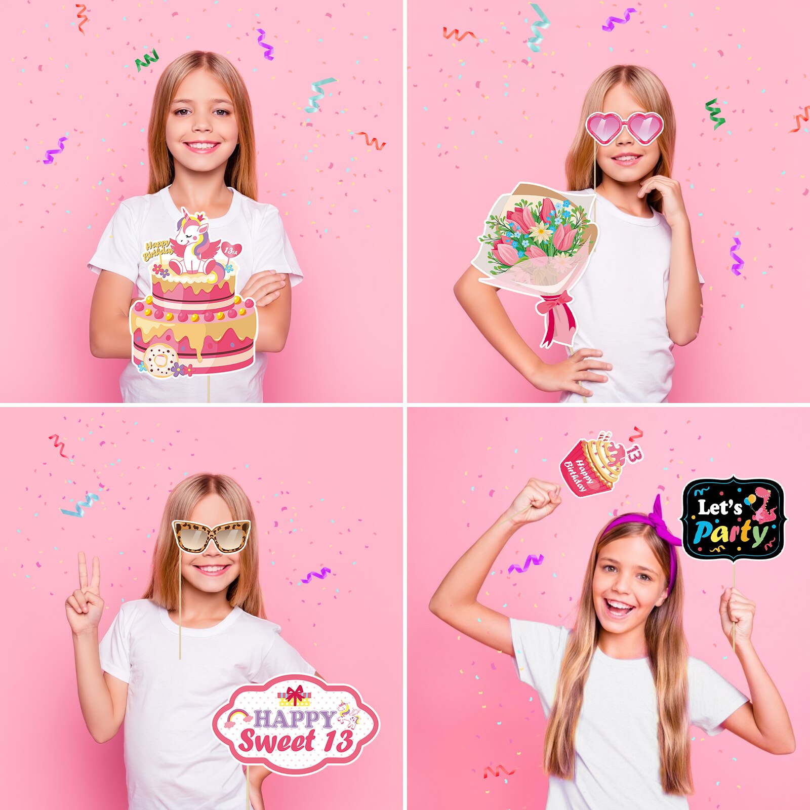 Abaodam 25pcs 13th Birthday Photo Booth Props Already Assembled with Wooden Stick Photo Props Selfie Props Birthday Party