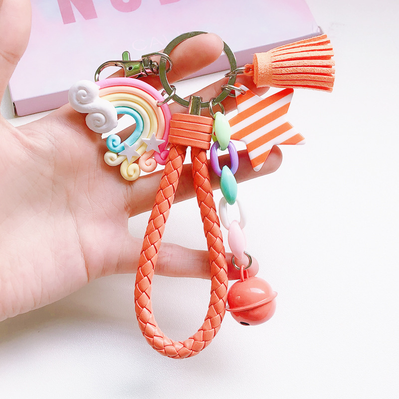 Porte-clés arc-en-ciel mignon, bracelet en cuir, corde tressée, pompon, pour femmes et filles, cloche étoile, sucette, accessoires de sac,: Lawngreen