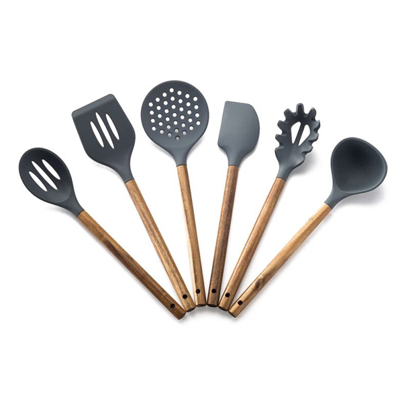 Silica Gel Kitchen Utensils And Appliances Set Of Acacia Wood Shovel And Handle, 7 Pcs Silicone Utensils And Appliances Set#1#1