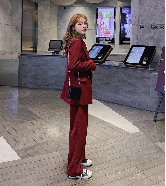 hiver femmes Chic Blazer costumes velours côtelé deux pièces ensemble Vintage cranté double boutonnage manteau et pantalon Long S9N702K