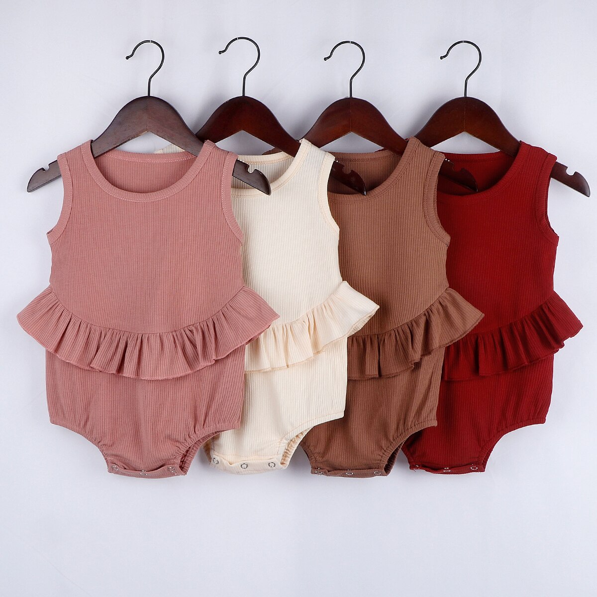 0-24M Peuter Baby Meisjes Jongens Bodysuits 4 Kleuren Solide Mouwloze Ruches Jumpsuits Kleding Outfits