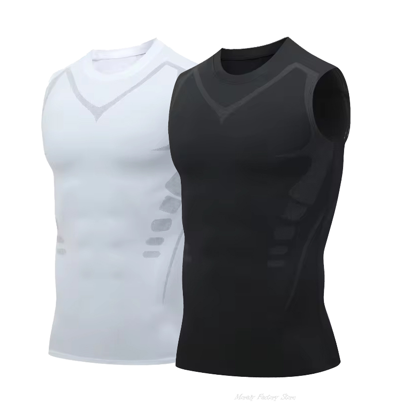 Sommerfitness kompressionstrøje til mænd, shapewear med ærmer, terapivest, herre, issilke kompressionstanktops, bodyshapewear: M / Himmelblå