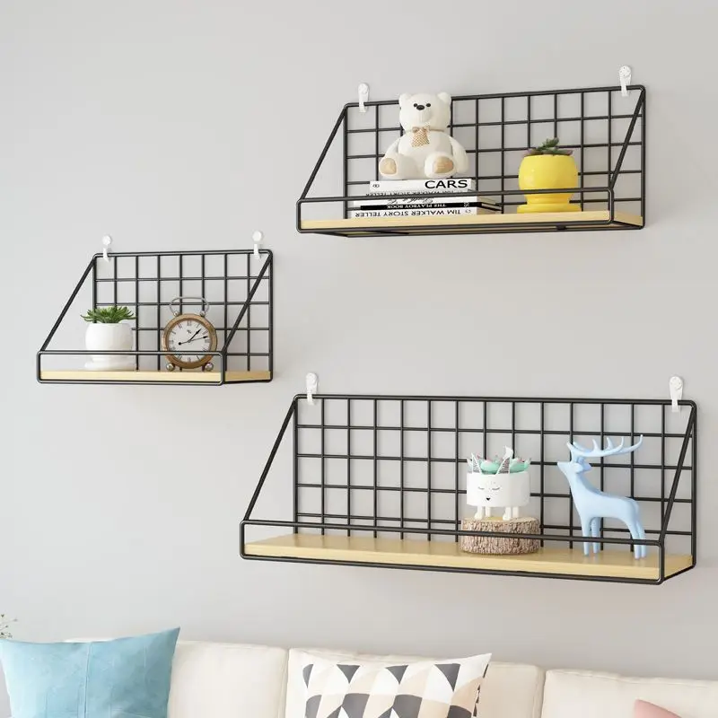 Floating Shelves Wall Mounted Rustic Wood Storage Display Shelf with Metal Wire Basket Hanging Shelf for Kitchen Office Bedroom