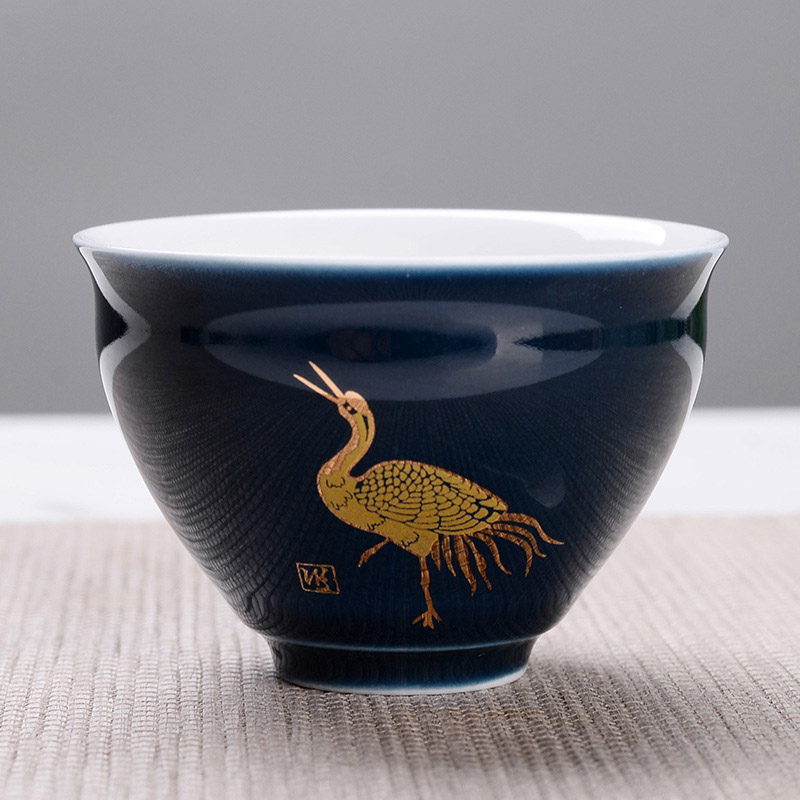 Indigo glasyr keramisk tekopp, målad gyllene kranmönster resor teskål kinesisk porslin tekopp set kung fu tekopp 75ml: 03