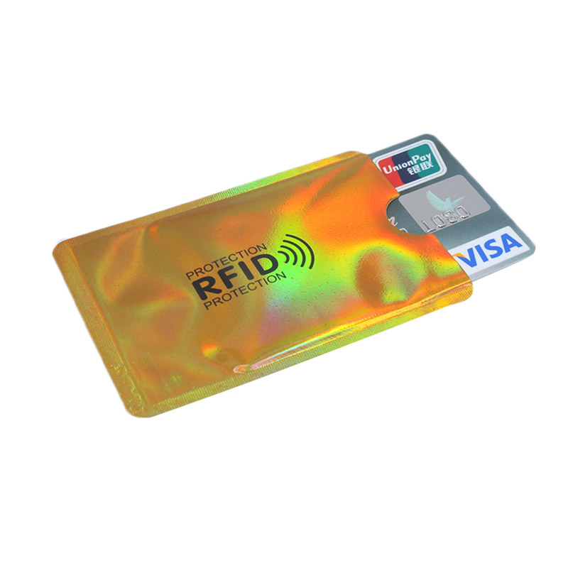 100 stk mix anti rfid tegnebog blokerende læser lås bankkort indehaver id bankkort beskyttelse metal kredit nfc holder aluminium: Laser guld 100 stk