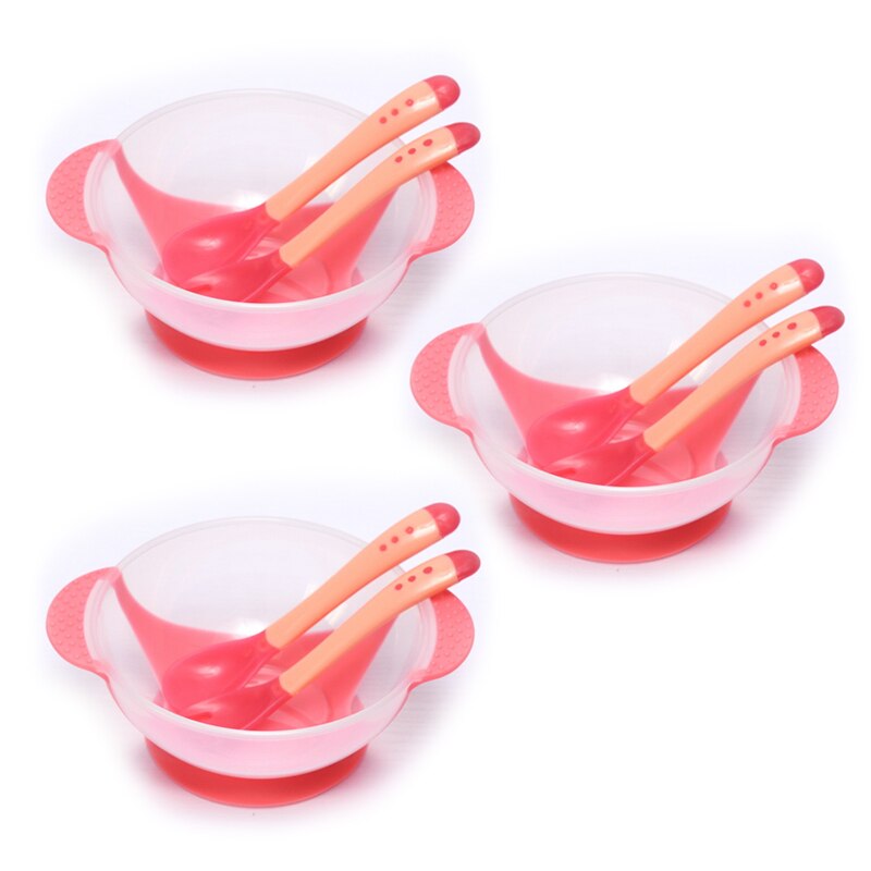 3set Temperature Sensing Feeding Spoon Child Tableware Food Bowl Learning Dishes Plate Suction Cup Baby Dinnerware Set: Red Set