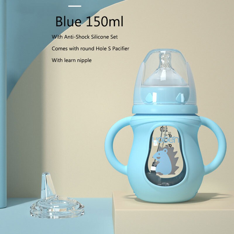 Cute Glass Baby Bottle Silicone Straw Water Drink Bottles For Baby Milk Feeder Set Baby Feeding Bottle Newborn Baby Bottle: Blue 150ml with Dual