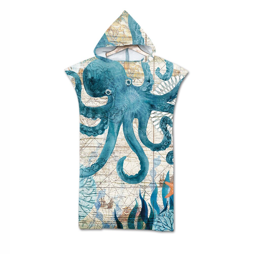 Printed Retro Sea World Hooded Microfiber Fabric Bath Towels Beach Towel Changing Bathrobe Gym Fitness Bath Towels