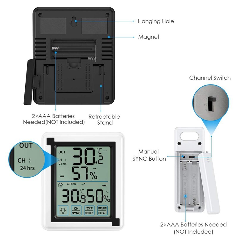 Tryk på skærm vejrstation + udendørs prognose sensor baggrundsbelyst termometer hygrometer trådløs vejrstation