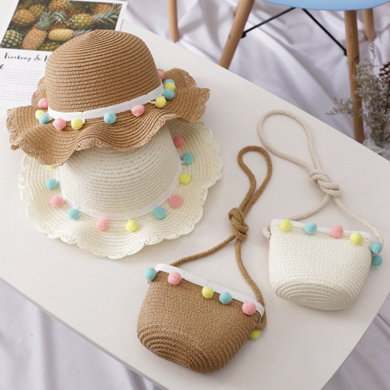 Gorro de paja tejida con ala ancha para niños y niñas, gorro de playa con pompón colorido, cubo flexible, bolso portátil