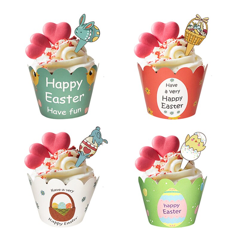 24pcs Happy Easter Cupcake Wrapper with Rabbit Cake Toppers Easter Party Bunny Egg Cake Baking Decoration Kids Birthday Party