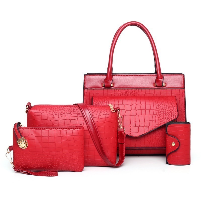 4 teile/satz Luxus Krokodil Frauen Tasche Gold rot Patent Leder Frauen Handtaschen einstellen Große Kapazität Schulter Tasche Weibliche Portemonnaie: Rot