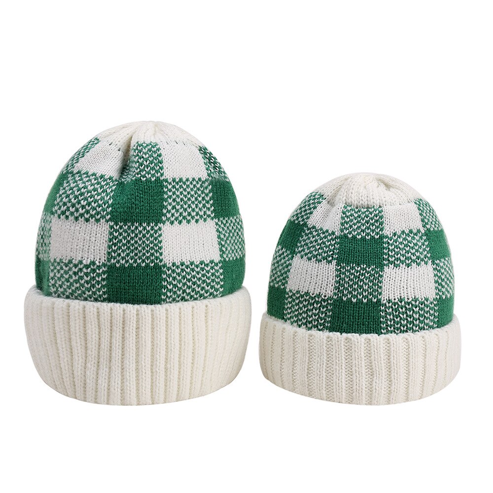 Strikket hat plaid rhombus uld cap strik cap familie matchende hat til voksne børn sød jul: 3